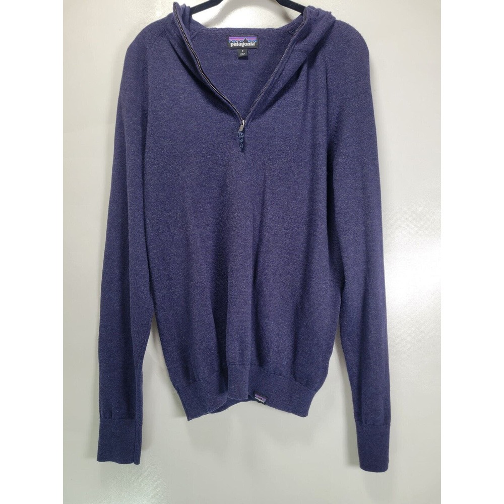 Patagonia Mens Hooded Sweater Small Blue 1/4 Zip Organic Cotton Blend Pullover
